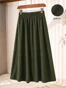 Rusticease Women's Solid Color Elastic Waist Casual 70s Commute Skirt Picnic Dark Green Fall - Army Green - View 1