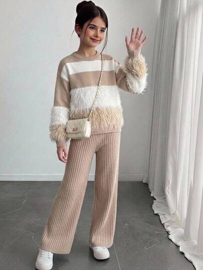 SHEIN 2pcs/Set Autumn/Winter Girls' Round Neck Fuzzy Knit Sweater And Ruffle Hem Long Pants Set