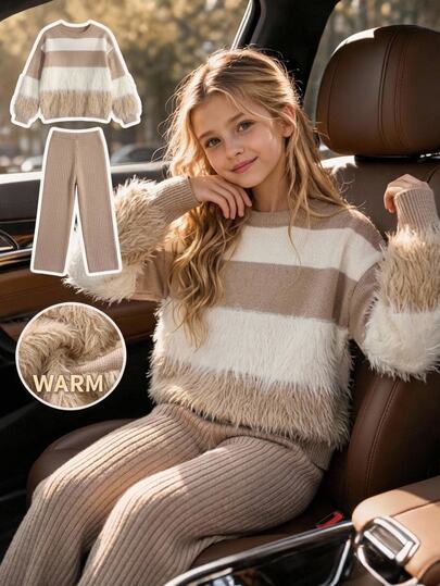 SHEIN 2pcs/Set Autumn/Winter Girls' Round Neck Fuzzy Knit Sweater And Ruffle Hem Long Pants Set