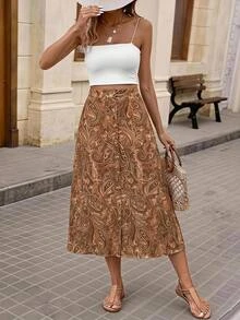 Brillora Summer/ Bohemian Boho Vintage Style Paris Print Skirt For Dating Vacation, Shopping, Holiday Fashion Brown - Brown - View 5