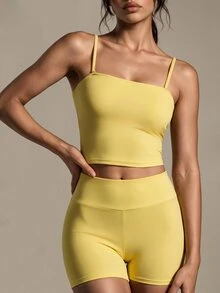 Costa Lumi Women's Solid Color Camisole And Shorts Sports Set - Light Yellow - View 6