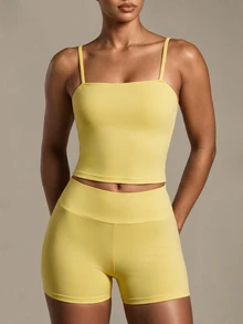 Costa Lumi Women's Solid Color Camisole And Shorts Sports Set - Light Yellow - View 4
