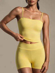 Costa Lumi Women's Solid Color Camisole And Shorts Sports Set - Light Yellow - View 3