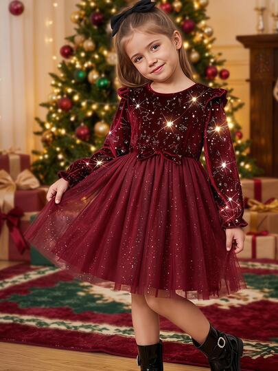 SHEIN Young Girl Young Girls Cute Vacation Casual Apricot Plaid Pattern Bow Long Sleeve Loose Dress Autumn Kids