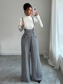 Elenzga 女士千鸟格纹吊带直筒连体裤 - 黑色 - 查看 3