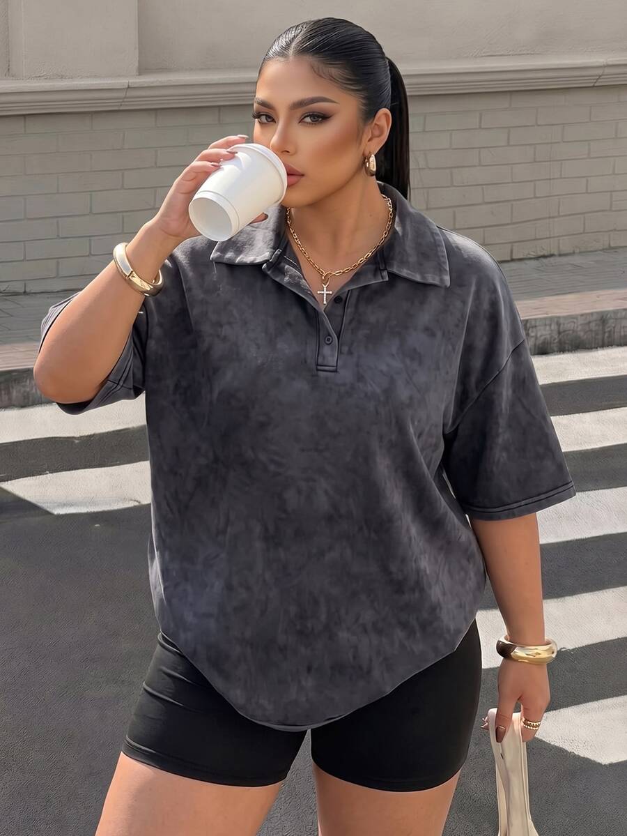 Muchica Plus Size Women's Solid Color Short Sleeve Casual Cargo Novelty Streetwear Retro Polo Neck T-Shirt Airport Beach Formal Gray Summer Vacation