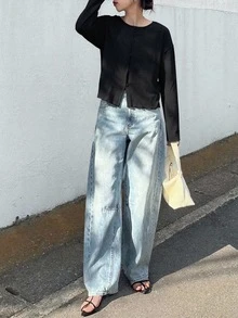 FRIFUL 女士纯灰色圆领长袖罗纹饰边纽扣宽松休闲T恤，适合秋季穿着 - 黑色 - 查看 2