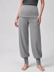 DAZY Celana Olahraga Wanita Warna Polos dengan Lipatan Pinggang dan Potongan Kaki Meruncing - Grey - View 4