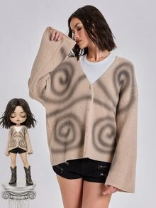 ROMWE Autumn/Winter Casual Streetwear Y2K Oversized Abstract Dazzle Spray Print Long Sleeve Cardigan - Apricot - View 1