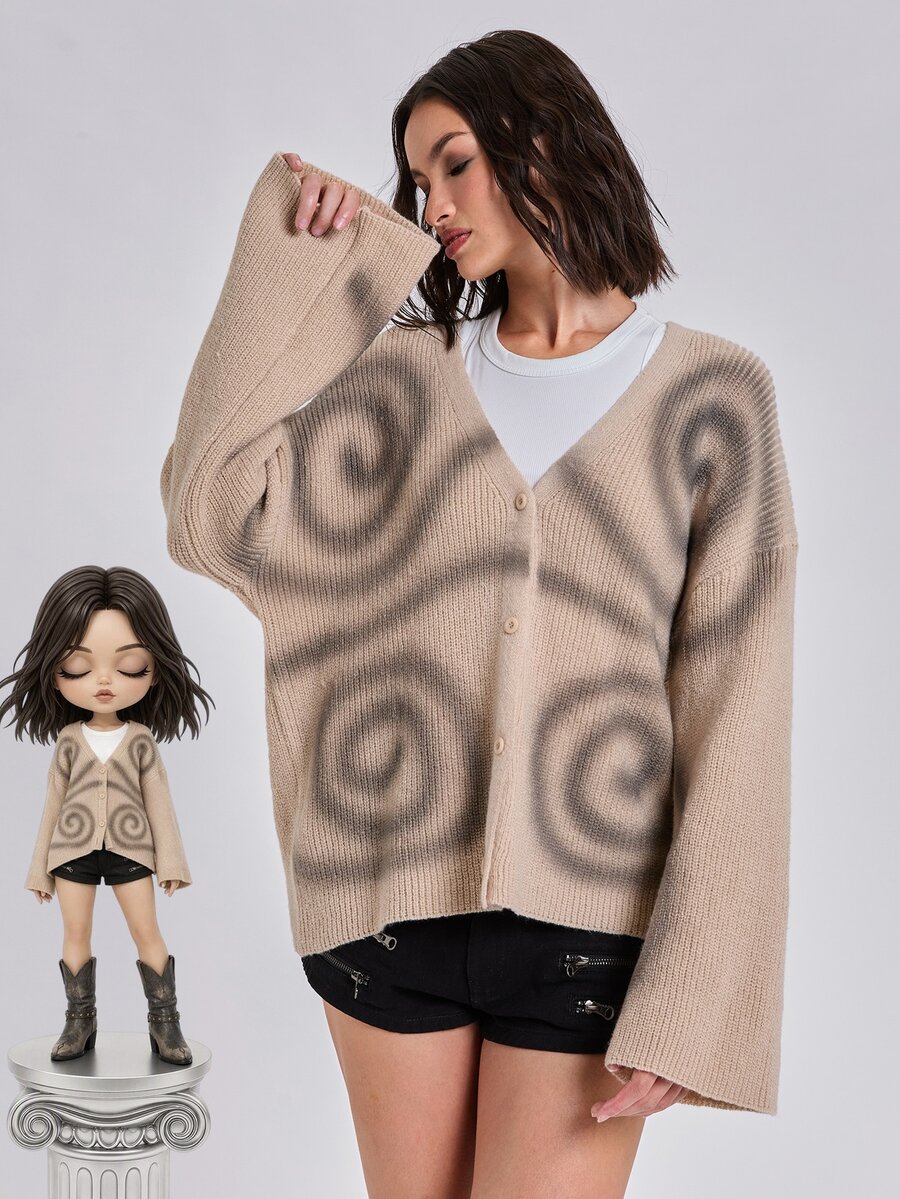 ROMWE Autumn/Winter Casual Streetwear Y2K Oversized Abstract Dazzle Spray Print Long Sleeve Cardigan - Apricot - View 1