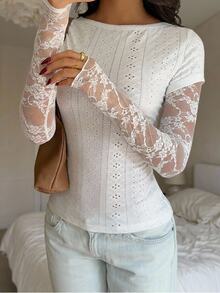 CovetEZ Women's Lace Patchwork Slim Fit Versatile Long Sleeve T-Shirt For Daily Wear - White - View 9