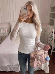 CovetEZ Women's Lace Patchwork Slim Fit Versatile Long Sleeve T-Shirt For Daily Wear - White - View 1
