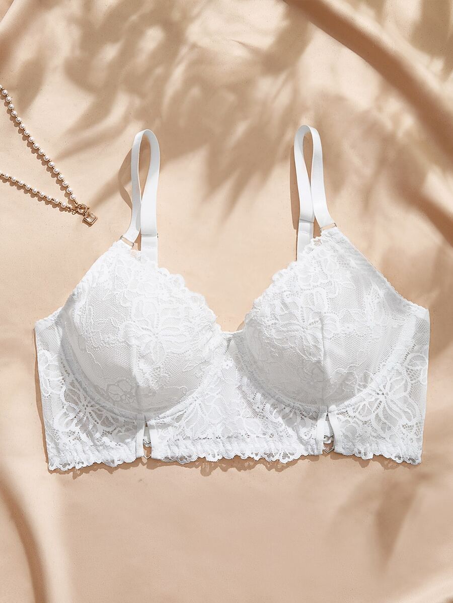 Charlaine 1pc Sexy Lace Patchwork Plus Size Bra - White - View 1