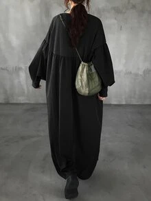 FRIFUL 女士休闲简约纯色褶皱灯笼袖宽松中长连衣裙 - 黑色 - 查看 5
