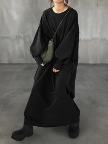 FRIFUL 女士休闲简约纯色褶皱灯笼袖宽松中长连衣裙 - 黑色 - 查看 1