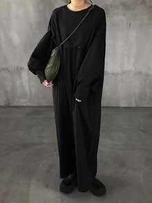 FRIFUL 女士休闲简约纯色褶皱灯笼袖宽松中长连衣裙 - 黑色 - 查看 7