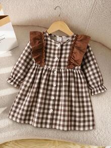 SHEIN Souflis Toddler Girl Gingham Dress Cute Sweet Princess Brown White Ruffle Buttoned Pleated Long Sleeve Crewneck Regular Birthday Party Fall Holiday Vintage - Brown - View 2