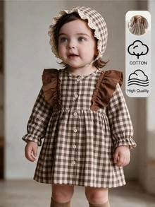 SHEIN Souflis Toddler Girl Gingham Dress Cute Sweet Princess Brown White Ruffle Buttoned Pleated Long Sleeve Crewneck Regular Birthday Party Fall Holiday Vintage - Brown - View 1