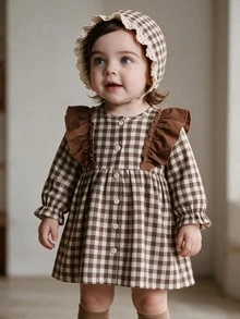 SHEIN Souflis Toddler Girl Gingham Dress Cute Sweet Princess Brown White Ruffle Buttoned Pleated Long Sleeve Crewneck Regular Birthday Party Fall Holiday Vintage - Brown - View 4