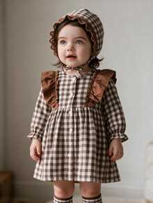 SHEIN Souflis Toddler Girl Gingham Dress Cute Sweet Princess Brown White Ruffle Buttoned Pleated Long Sleeve Crewneck Regular Birthday Party Fall Holiday Vintage - Brown - View 6