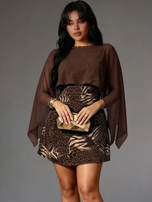Rustia Plus Size European & American Style Leopard Print Loose Long Sleeve Outerwear Cover Up, Waist-Cinching Slimming 2 In 1 Short Dress - Brown - View 8