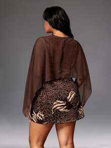 Rustia Plus Size European & American Style Leopard Print Loose Long Sleeve Outerwear Cover Up, Waist-Cinching Slimming 2 In 1 Short Dress - Brown - View 2