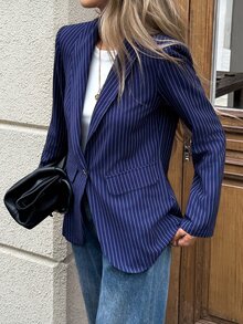 SHEIN LUNE 休閒女款秋冬條紋西裝外套 2026年秋季冬季服飾 工作辦公商務穿搭 社交服裝 海軍藍 - 彩色 - 查看 7