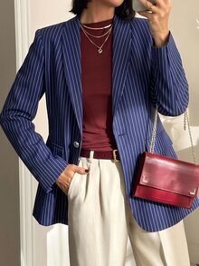 SHEIN LUNE 休閒女款秋冬條紋西裝外套 2026年秋季冬季服飾 工作辦公商務穿搭 社交服裝 海軍藍 - 彩色 - 查看 6
