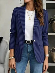 SHEIN LUNE 休閒女款秋冬條紋西裝外套 2026年秋季冬季服飾 工作辦公商務穿搭 社交服裝 海軍藍 - 彩色 - 查看 3
