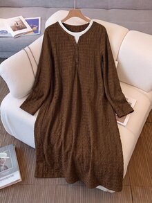 Rusticease Women's Minimalist French Casual 2 In 1 Button Long Sleeve Dress Brunch Brown And White Polka Dot Fall - Brown - View 3
