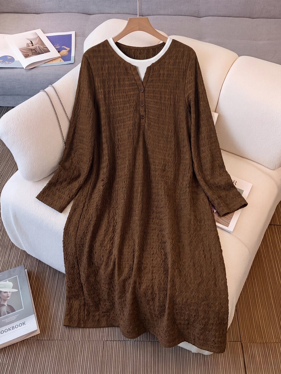Rusticease Women's Minimalist Retro French Casual 2 In 1 Button Long Sleeve Dress Brunch Brown And White Polka Dot Fall - Brown - View 1