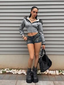 EgrlEra Women's Casual Streetwear Printed Grey Sweatshirt With Fur Collar, Zipper And Cross Design - Punk Daily - Regular Fit Jacket - Grey - View 4