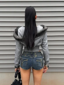 EgrlEra Women's Casual Streetwear Printed Grey Sweatshirt With Fur Collar, Zipper And Cross Design - Punk Daily - Regular Fit Jacket - Grey - View 2