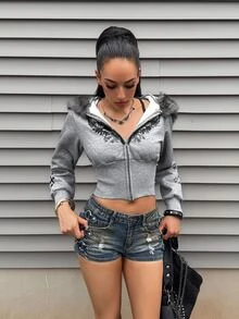 EgrlEra Women's Casual Streetwear Printed Grey Sweatshirt With Fur Collar, Zipper And Cross Design - Punk Daily - Regular Fit Jacket - Grey - View 1