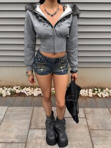 EgrlEra Women's Casual Streetwear Printed Grey Sweatshirt With Fur Collar, Zipper And Cross Design - Punk Daily - Regular Fit Jacket - Grey - View 5