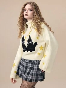 ROMWE Fairycore Kawaii Cat Jacquard High Neck Pullover Bell Sleeve Women's Sweater - Apricot - View 9