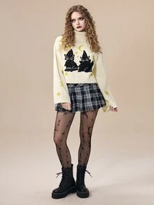 ROMWE Fairycore Kawaii Cat Jacquard High Neck Pullover Bell Sleeve Women's Sweater - Apricot - View 7