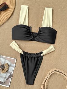 Costavie 2pcs Thick Strap Contrast Color Shiny Fabric Ruched Design Elegant Vacation Bikini Swimwear Set For Women - Black - View 8