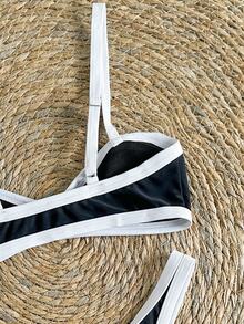 SHEIN Swim 2pcs Women's Summer Black & White Contrast Color Spaghetti Strap Sexy Bikini Set - Black and White - View 5