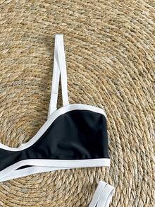 SHEIN Swim 2pcs Women's Summer Black & White Contrast Color Spaghetti Strap Sexy Bikini Set - Black and White - View 4