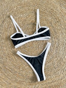 SHEIN Swim 2pcs Women's Summer Black & White Contrast Color Spaghetti Strap Sexy Bikini Set - Black and White - View 2