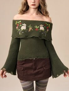 ROMWE Fairycore Rabbit Vine Embroidery Off-Shoulder Sweater - Army Green - View 2
