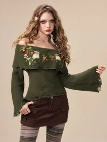 ROMWE Fairycore Rabbit Vine Embroidery Off-Shoulder Sweater - Army Green - View 5