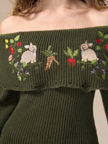 ROMWE Fairycore Rabbit Vine Embroidery Off-Shoulder Sweater - Army Green - View 4