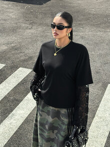 Muchica Plus-Size Knitted Striped Lace-Trimmed Long-Sleeved T-Shirt With A Layered Look, Perfect For Everyday Casual Wear. - Black - View 4