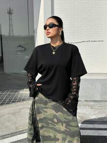 Muchica Plus-Size Knitted Striped Lace-Trimmed Long-Sleeved T-Shirt With A Layered Look, Perfect For Everyday Casual Wear. - Black - View 5