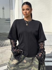 Muchica Plus-Size Knitted Striped Lace-Trimmed Long-Sleeved T-Shirt With A Layered Look, Perfect For Everyday Casual Wear. - Black - View 6