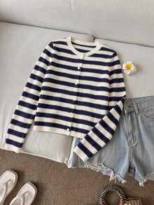 SHEIN LUNE Casual French Women's Fall/ Navy And White Cardigan Sweater Brunch Winter Clothes Autumn Clothes Women Fall Winter Sweater - Multicolor - View 8