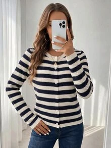 SHEIN LUNE Casual French Women's Fall/ Navy And White Cardigan Sweater Brunch Winter Clothes Autumn Clothes Women Fall Winter Sweater - Multicolor - View 6