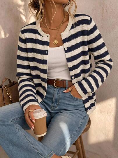 SHEIN LUNE Casual French Women's Fall/ Navy And White Cardigan Sweater Brunch Winter Clothes Autumn Clothes Women Fall Winter Sweater